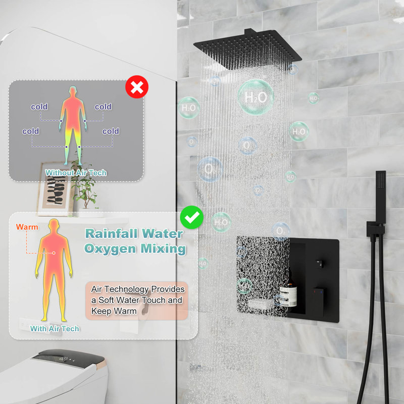 Robinet de douche à poignée simple à 2 jets 2,0 GPM avec pomme de douche à main intégrée sans goutte, Noir mat