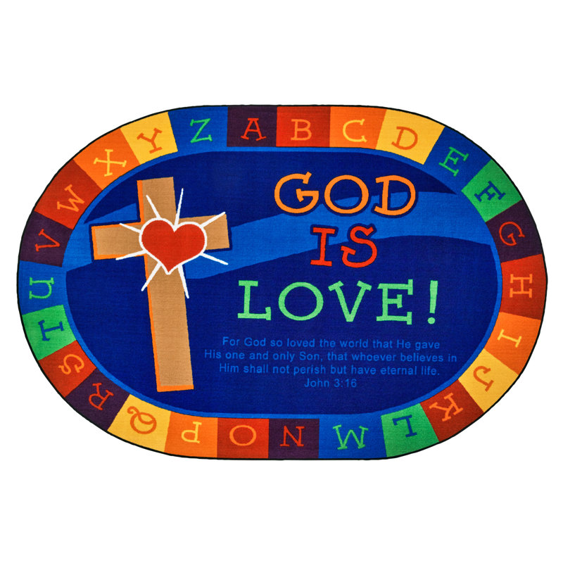 Tapis de salle de classe bleu God is Love Apprendre KID $ Value Plus, Ovale 8 pi x 12 pi