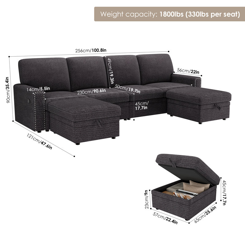 Canapé modulaire en chenille 3 pièces, canapé de rangement, avec station de charge USB