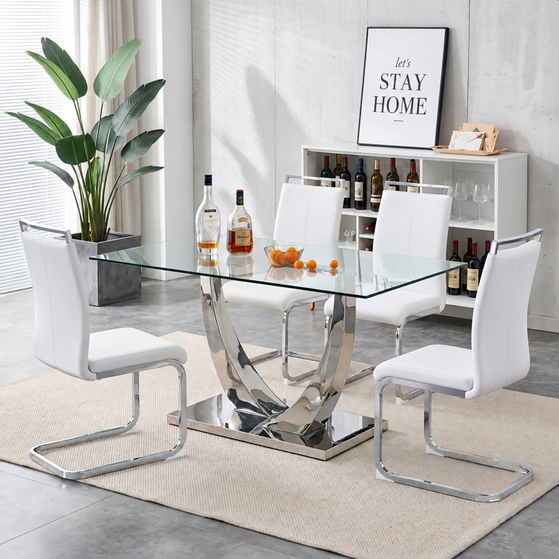 Modern Faux Leather Cantilever Dining Chairs with Chrome Base (Set of 4), 4, White, Chrome