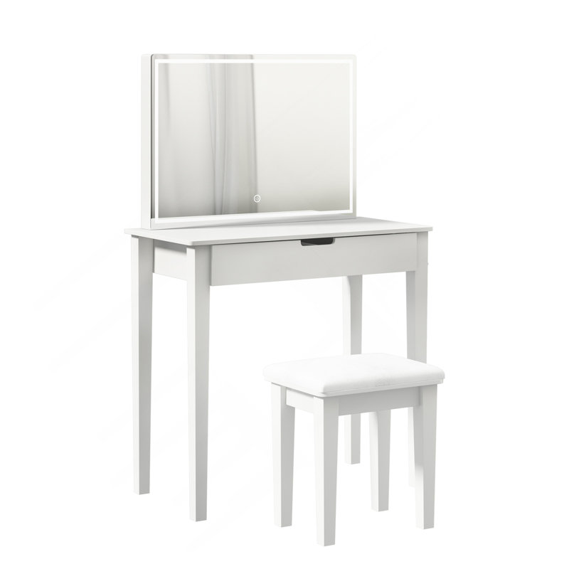Ensemble de coiffeuse avec miroir pour le maquillage, table de maquillage avec 1 tiroir de rangement pour cosmétiques, coiffeuse pour la chambre à coucher avec éclairage à DEL à intensité variable avec tabouret, finition blanche