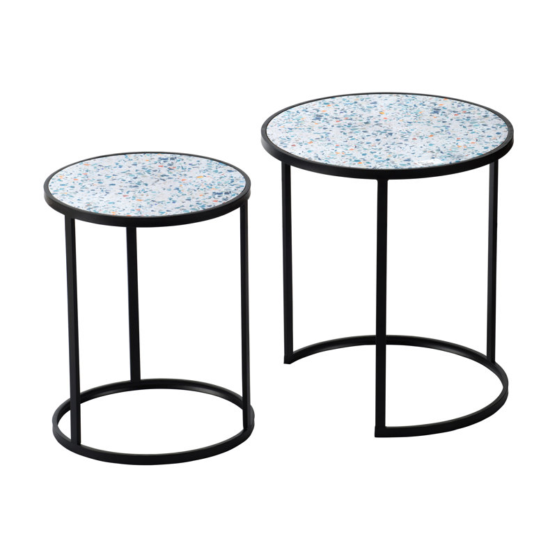 Ensemble de 2 tables de bout rondes, côté empilable avec structure en métal robuste pour les espaces compacts, salon, bureau, fer noir des tables, fer à repasser, aucun assemblage requis