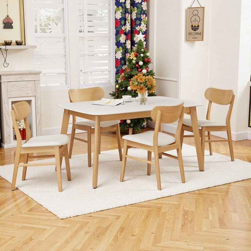 Ensemble de table de salle à manger 5 pièces à structure en bois d'hévéa massif avec chaises rembourrées, d'une longueur de 59 pouces