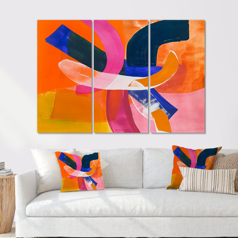 Funky fusion rétro orange bleu - ensemble d'art mural abstrait, Toile tendue, H 40 po x l 60 po x P 1 po