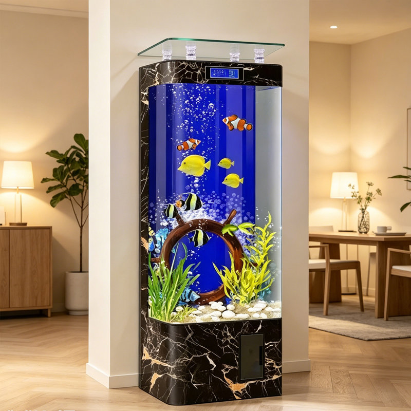 Aquarium vertical haut, finition marbre noir et or, en verre flotté avec cadre en bois massif et acrylique, ensemble complet avec pompe, filtre et éclairage DEL pour la décoration du salon.