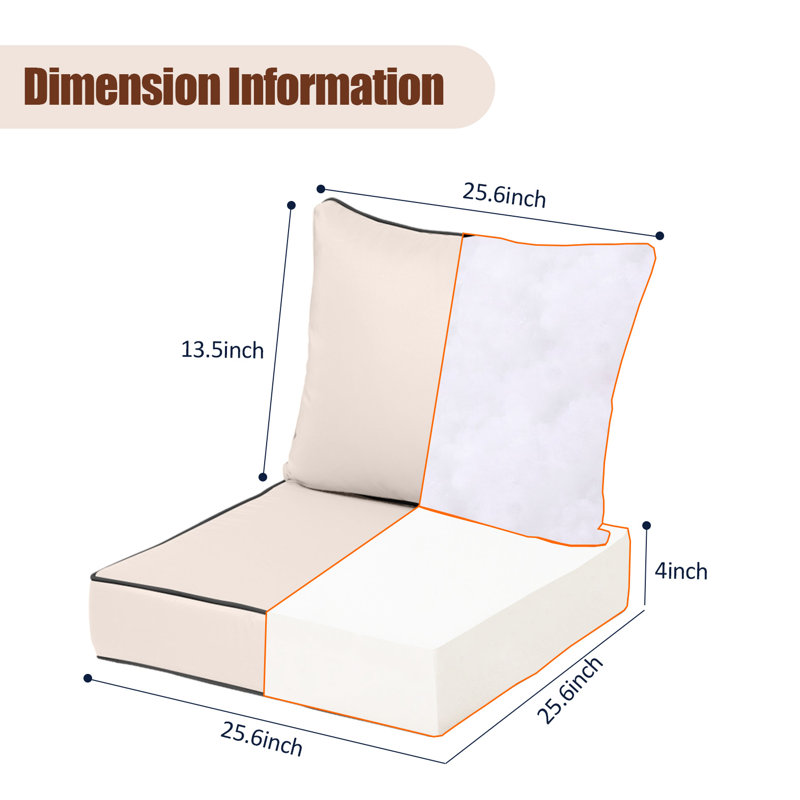 Fade Resistant Outdoor Chair Cushions Set Of 2, Deep Seat Patio Cushions 25.6 X 25.6 With Removable Cover, 28D High Resilience Foam Replacement Outdoor Seat Cushions With For Sofa, Adirondack Chair, Sectional,Beige