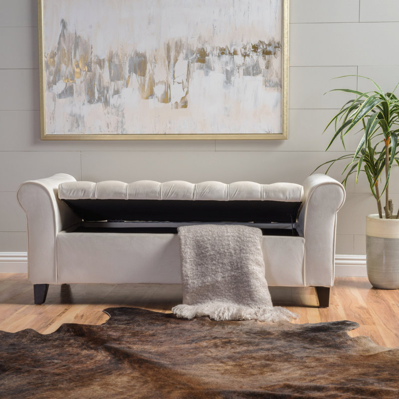 Banc de rangement en tissu ivoire 38 po, accoudoirs roulés / pieds noirs