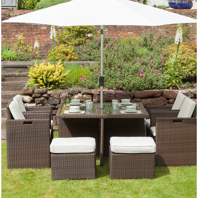 8 - Person Wicker Patio Dining Set with Square Table , Cushions Included, Ebony Black