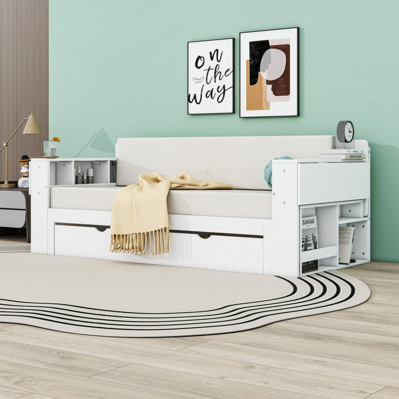 Wood Daybed with Desk and Storage Drawers and Shelves, White, Queen