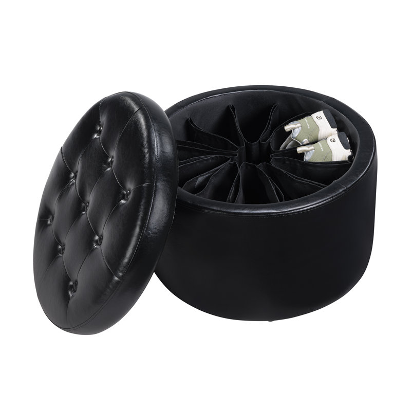 Stansell 22" Wide Tufted Round Storage Ottoman, Black Faux Leather