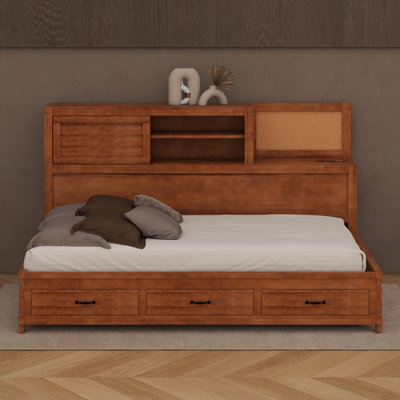 Lit de jour en bois avec tête de lit, tiroirs, tablette et ports USB