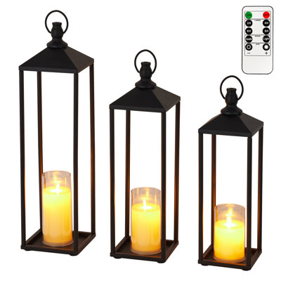Set of 3 Black Metal Candle Lanterns with Flameless LED Candles – Farmhouse Decorative Lantern Holders – Indoor Outdoor Use for Patio, Porch, Garden, Floor, Home Décor – Sizes 13", 17", 20"