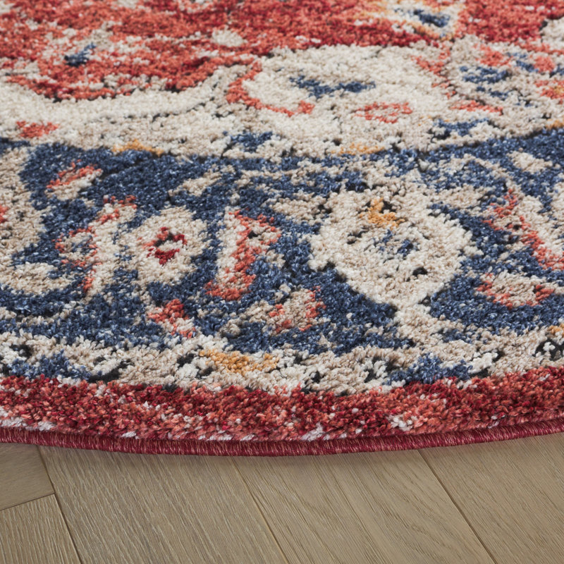 Tapis oriental en polypropylène tissé à la machine en bleu / rouge, Rond 6 pi 7 po