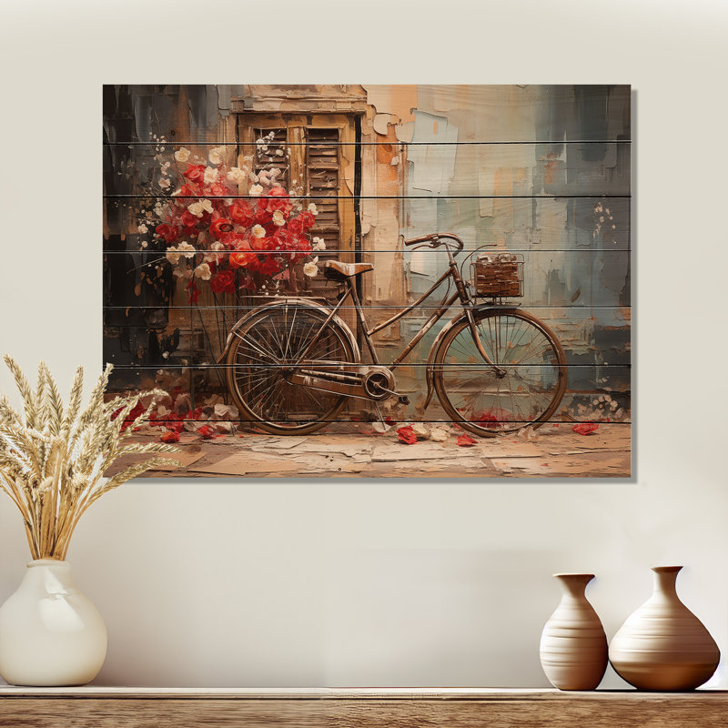 «Crimson Ride Red Flowers - Vélo», art mural sur bois de pin naturel, H 30 po x l 40 po