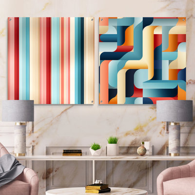 «Vibrant Striped Harmony» - Ensemble de 2 reproductions d'art abstrait en acrylique