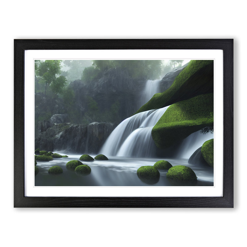 Reflective Waterfall - Single Picture Frame Print, 46cm H x 64cm W x 2cm D, Black Framed