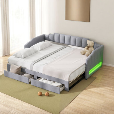 Twin XL to King Convertible Daybed with Storage Drawers & LED Lights - Upholstered Linen Fabric, Solid Wood+MDF Frame, No Box Spring Needed (300-500 l