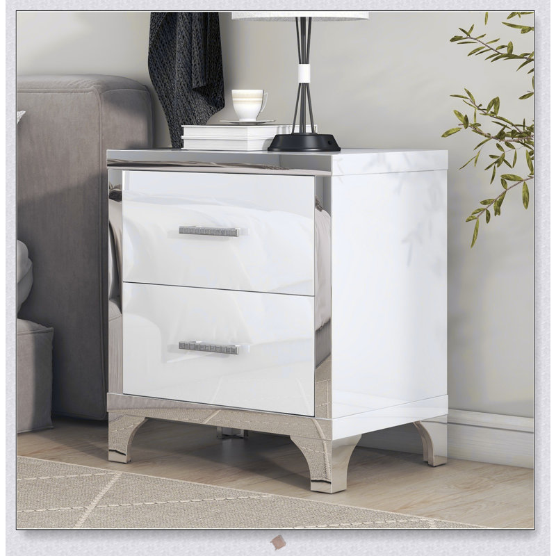 Elegant High Gloss Nightstand with Metal Handle, Mirrored Bedside Table with 2 Drawers for Modern Bedrooms