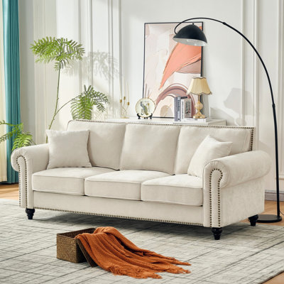 Fauteuil à 3 places moderne 86 "beige avec accoudoirs roulés, pieds en bois, garniture cloutée et revêtement en chenille, mousse rembourrée, structure solide moderne, 86", beige, canapé de siège, garniture, structure haute densité