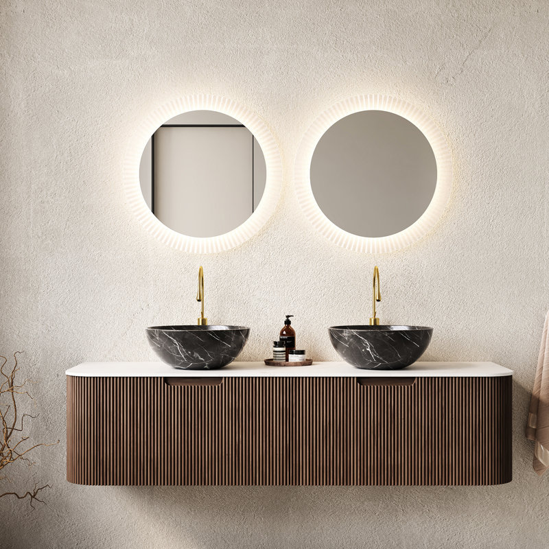 Meuble-lavabo 60 po avec 2 tiroirs, armoire flottante, cuves en céramique noires pré-assemblées, couleur noyer, finition rayée 3D, mécanisme de fermeture silencieuse du tiroir