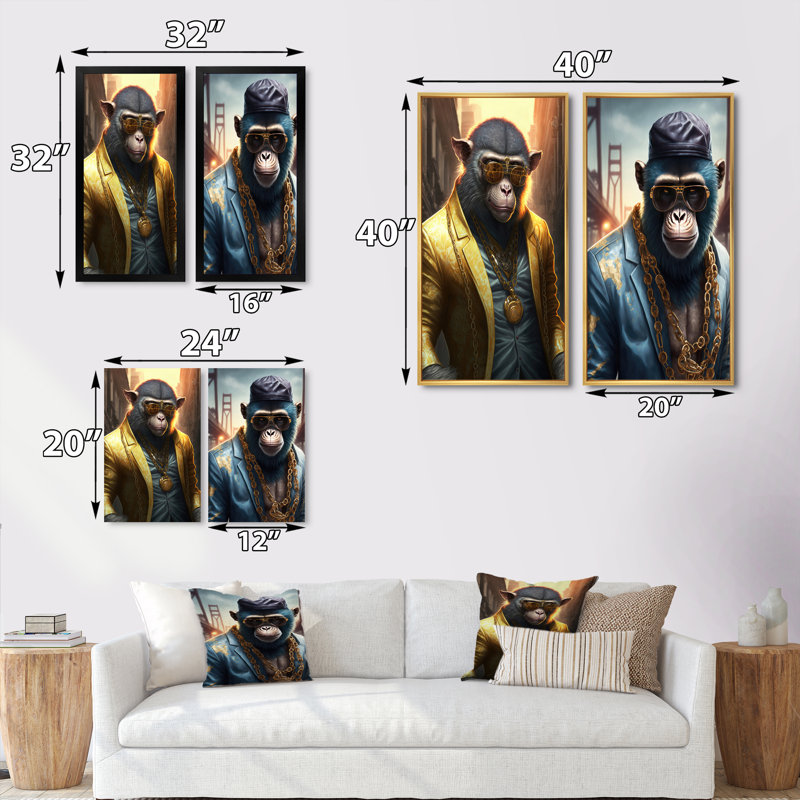 «Monkey Gangster In NYC», 2 pièces sur toile, Cadre noir, H 20 po x l 24 po