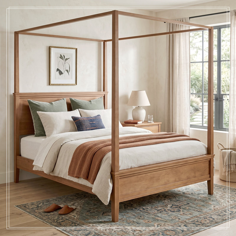Cadre de lit plateforme en bois à baldaquin Rigsby, format Queen, avec tête de lit, Dérive en mer