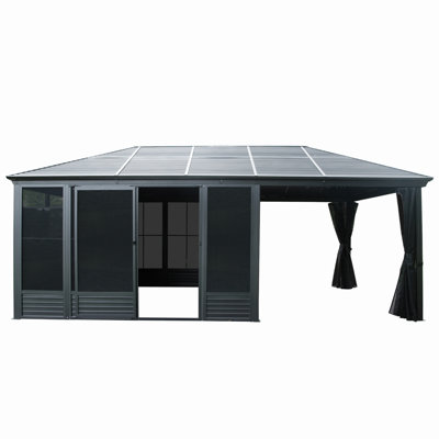 11X21ft Outdoor Sunroom, All Season Solarium Gazebo With Galvanized Steel Roof, Detachable PE Screen, 2 Lockable Sliding Door, Hardtop Gazebo With Netting And Curtains For Patio Deck Garden