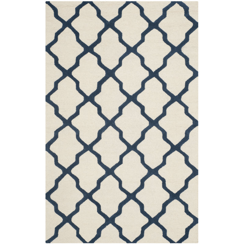 Cannen Hand Tufted Wool Geometric Rug, Rectangle 4' x 6', Ivory/Navy Blue