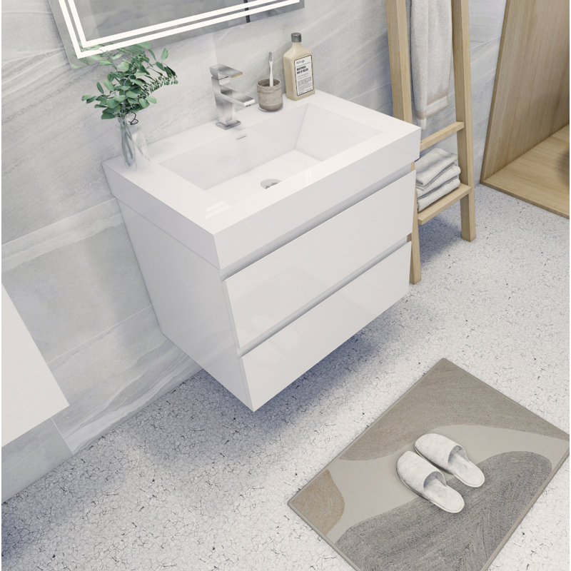 Arieyanna Wall Mounted 1 Single Vanity Bathroom Vanity With Top, High Gloss White