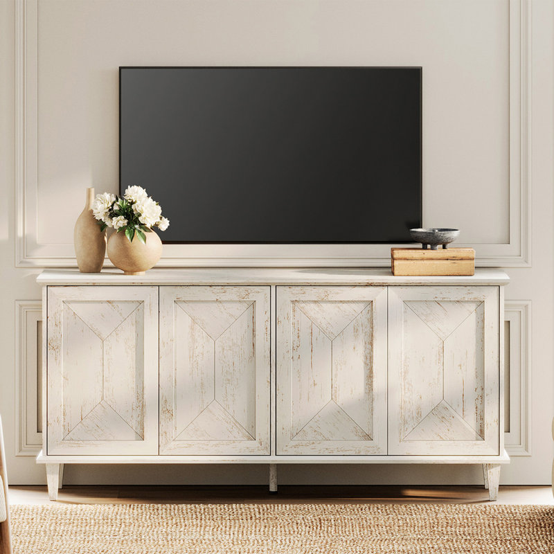 Meuble télé 65 po de style campagne moderne avec portes en patchwork fabriquées à la main pour téléviseurs de 55 à 75 po, console de divertissement avec gestion des câbles, tablettes de rangement réglables pour le salon, chêne pâle