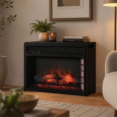 Retro Recessed Electric Fireplace Insert Heater with Realistic Log Flame, Remote Control and Adjustable Brightness