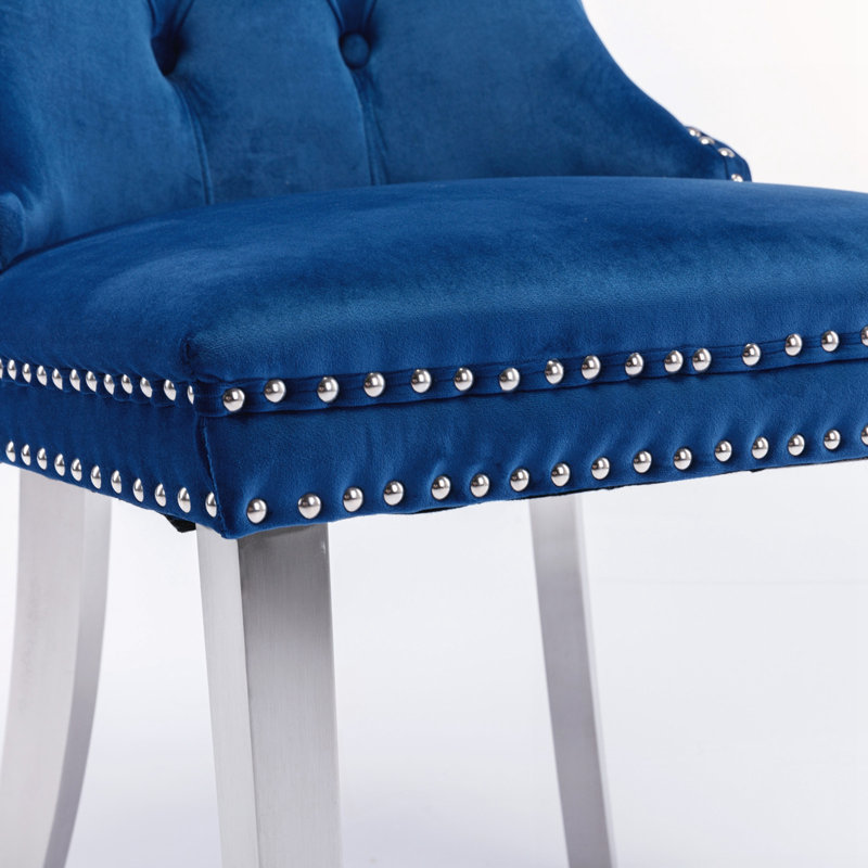 Chaise rembourrée haut de gamme contemporaine en bois massif touffeté, Bleu, Argent