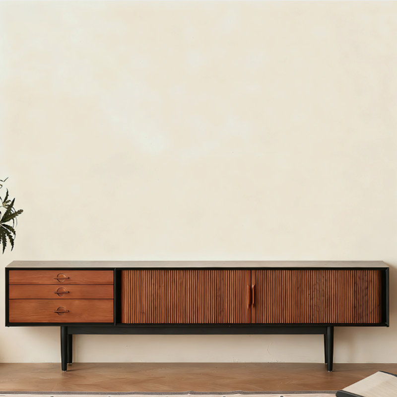 Meuble télé moderne en bois massif noir, H 23,62 po x L 86,61 po x l 15,75 po