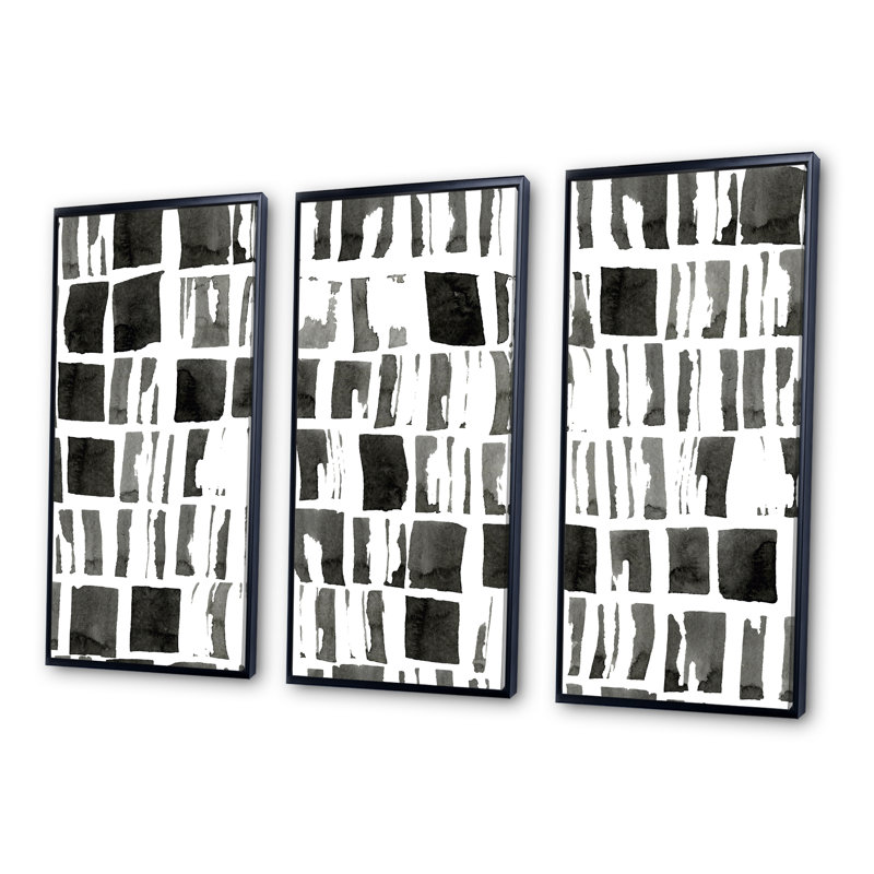 Abstrait briques monochromes - cadre flottant 3 pièces, impression sur toile, Cadre noir, H 28 po x l 36 po