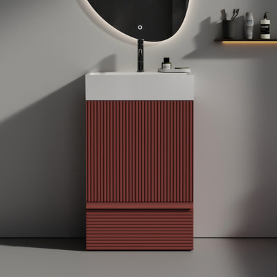 Armoire de salle de bain rouge avec lavabo en céramique - Meuble-lavabo autoportant moderne pour salle de bain contemporaine