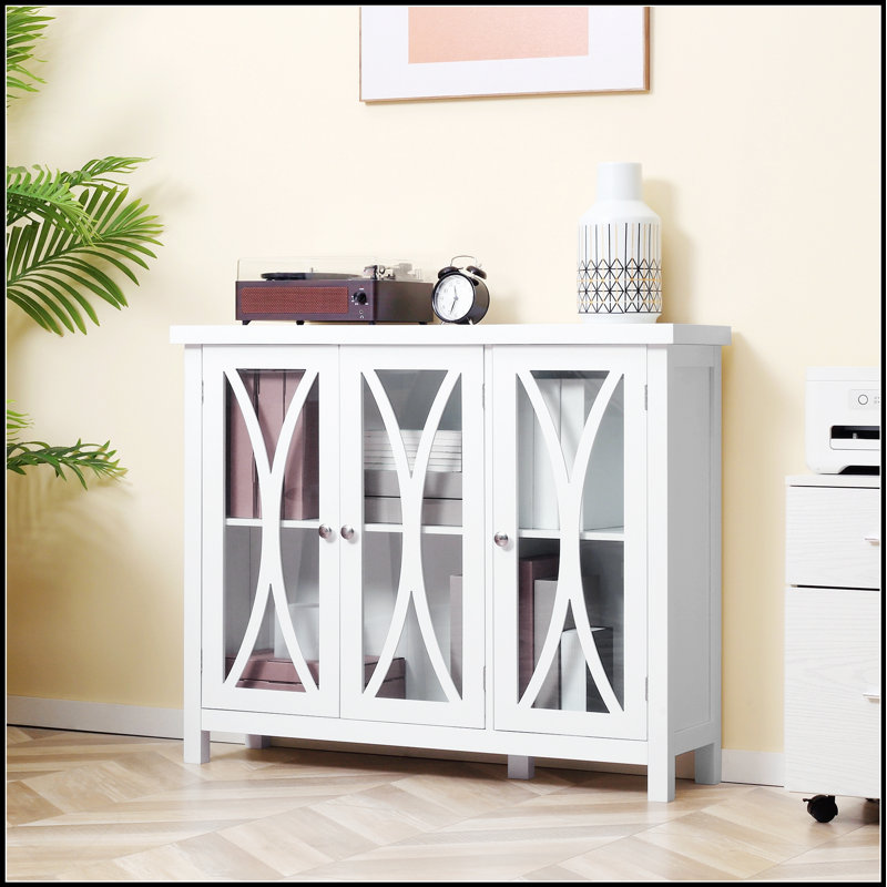 Elegant Sideboard With 3 Tempered Glass Doors, Arc Pattern, And Adjustable Shelves For Versatile Storage And Display