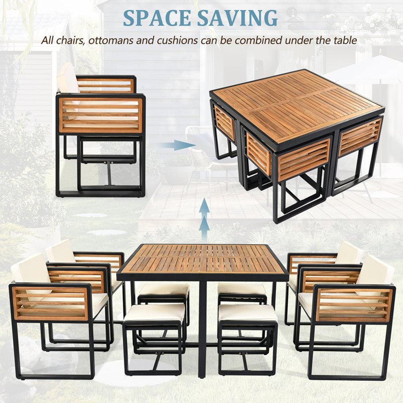 Ensemble de salle à manger en bois d'acacia 18 pièces, ensemble de patio extérieur peu encombrant, 8 chaises rembourrées, 8 repose-pieds et 2 tables carrées pour la cour, le jardin, la terrasse et la piscine