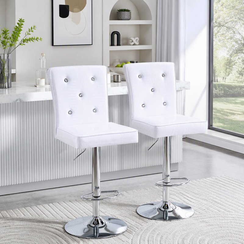 Ensemble de tabourets de bar 2 pièces en crocodile rétro avec fermoir en cristal, Blanc, 49"H