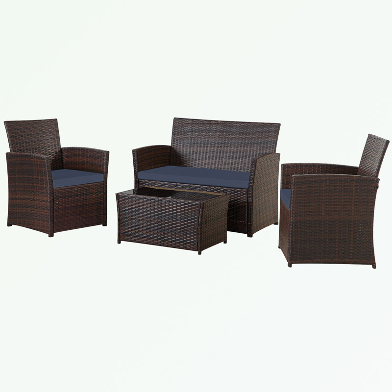 Ensemble de patio 4 pièces en osier avec coussins moelleux et table basse, Coussin bleu / cadre brun