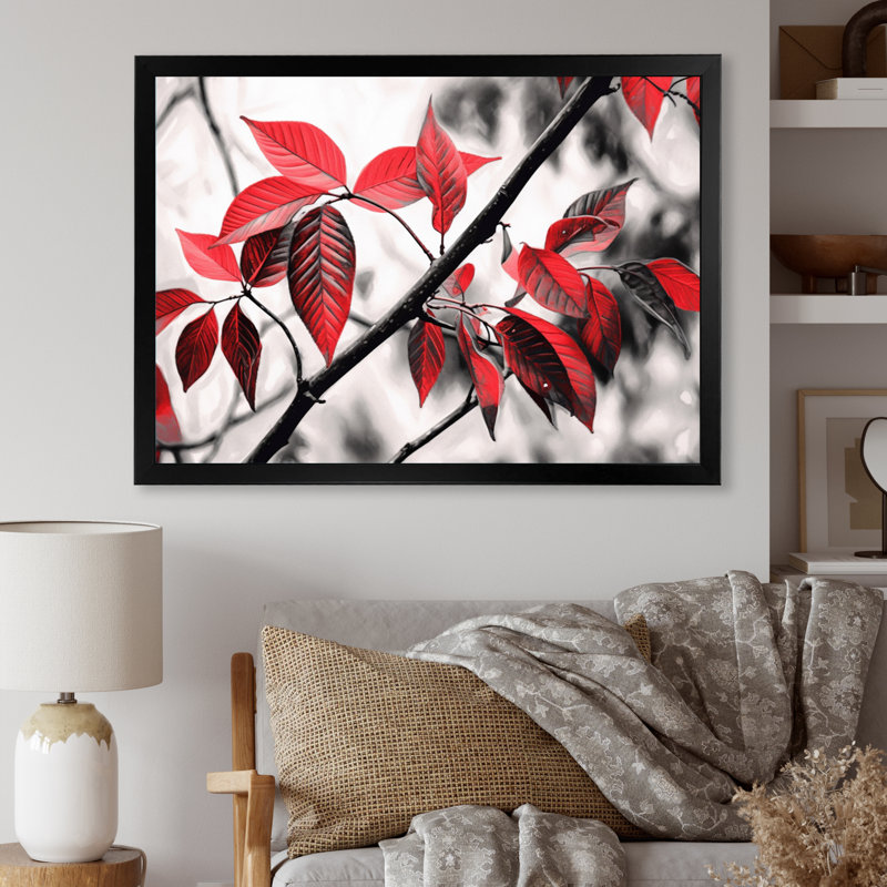 Feuilles rouges et grises sur un arbre II, H 34 po x l 44 po x P 1,5 po, Cadre photo noir
