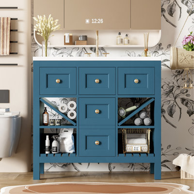 Ensemble de meuble-lavabo 36 po avec lavabo en résine, armoire de rangement en bois massif, ensemble de meuble-lavabo autoportant avec 5 tiroirs et portes à fermeture douce