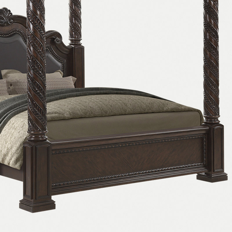 Grothe Upholstered Panel Canopy Bed – Pecan Veneer, Traditional Wood Poster Bed, Queen