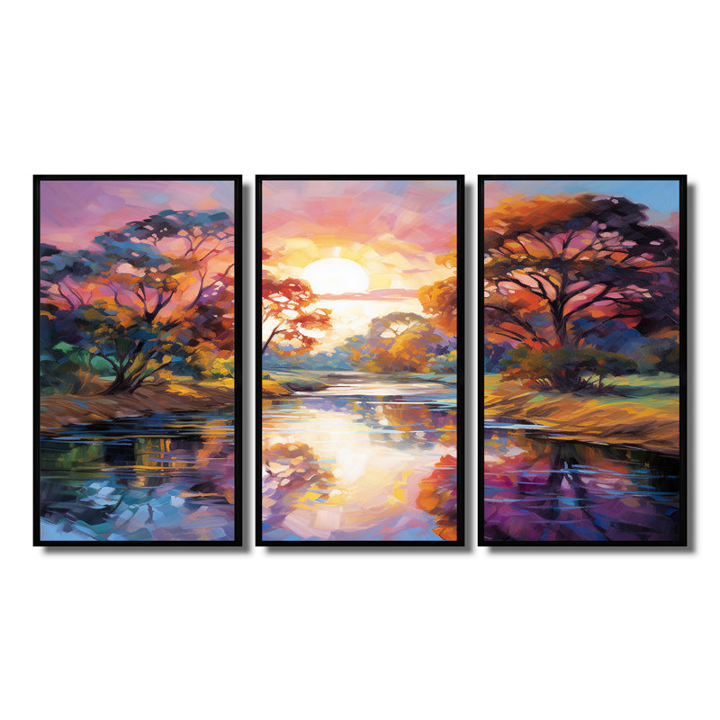 Mauve automne coucher de soleil sur une rivière large - ensemble d'art mural lac, Cadre flottant noir