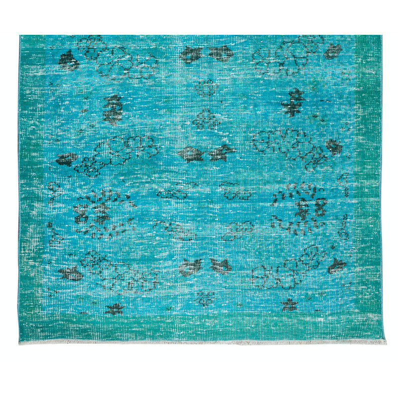 Tapis moderne noué à la main 5,2 x 8,6 pi. Tapis turc en laine sur-teint en bleu sarcelle