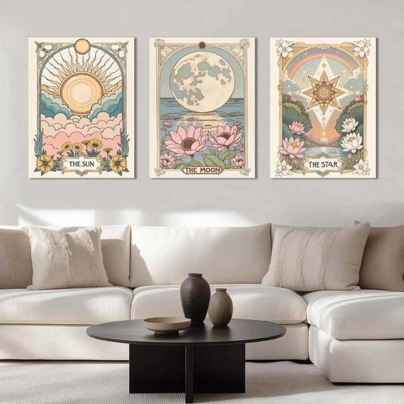 60*40，Wall Art Set of 3 Vintage Tarot Astrology Canvas Wall Decor Sun Flower and Full Moon Lotus Posters Prints Picture Painting.