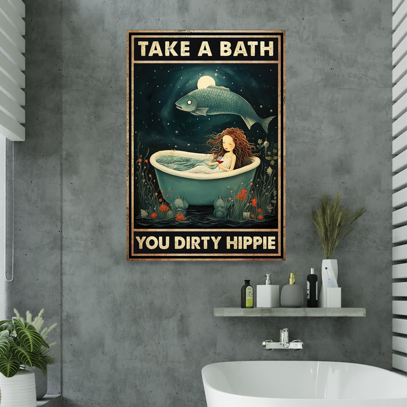 Mermaid Chilling With Wine - Take A Bath Gallery Wrapped Canvas - Bath And Laundry Decor, Yellow And Turquoise Bathroom Decor