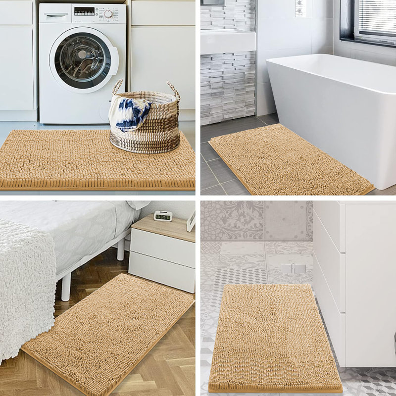 Chenille Non-Slip Non-Slip Bath Mat, Beige, 60cm L x 40cm W