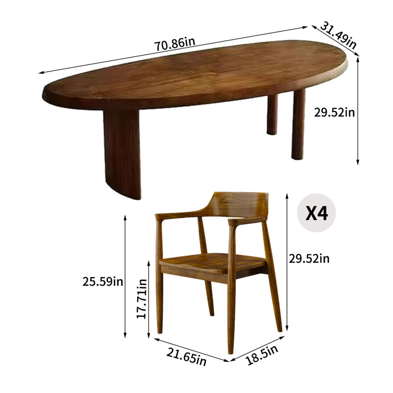 Modern Simple Solid Wood Arc Dining Table Sets, 29.52"H x 70.86"L x 31.49"W