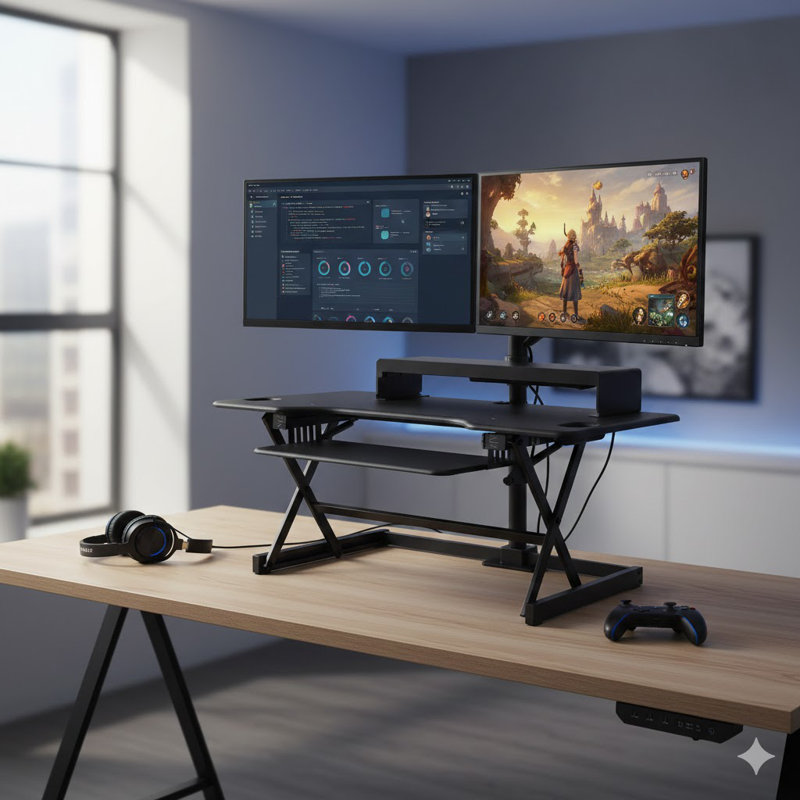  46 in. Black Height Adjustable Standing Desk Converter with Double Monitor Mount Stand and Deep Keyboard Tray, Black/Black