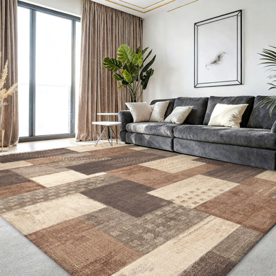 Tapis géométrique lavable à la machine - Faux cachemire ultra doux avec envers antidérapant, motif moderne à blocs de couleur beige / brun